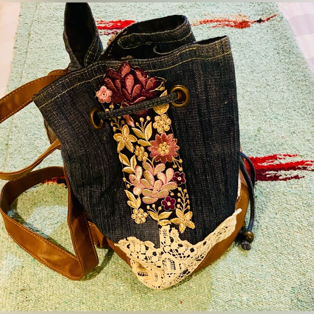Claire's Denim Backpack with Lace and Floral Embroidery - Picture 2 of 12